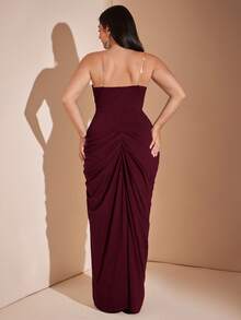 SHEIN BAE CURVE 大尺碼女款黑色長版優雅開衩洋裝 - 酒紅色 - 查看 7