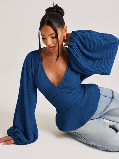 NYA SZN Top V Neck Long Sleeve Balloon Bishop Textured Brunch Work Business School Casual Everyday Brunch Going Out Elegant Church Blue Summer Fall Winter