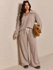 Elaquor 大尺碼女款純色長袖半拉鍊運動衫與寬腿褲休閒兩件套 - 卡其色 - 查看 6