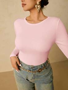 Freevana Plus Size Women's Black Long Sleeve Crew Neck Thermal Base Layer, Ruched Waist T-Shirt - Pink - View 6
