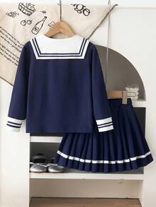 SHEIN Elladie kids 女童深藍色條紋領口兩件套 長袖領口上衣附蝴蝶結設計 搭配百褶迷你裙 秋季 7 歲生日禮物 - 藏蓝色 - 查看 3