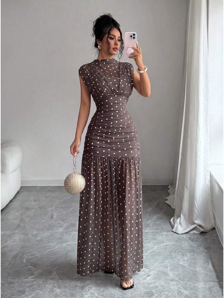 Elenzga White Polka Dot Stand Collar Sleeveless Hollow Out Mesh Patchwork Pleated A-Line Maxi Dress,Elegant Summer 70s Party Graduation Birthday Formal Dress