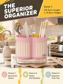 Joivida 1PC Dopamine Color Divided Utensil Holder, Dual Compartment Plastic Cutlery Storage Basket With Vertical Stripes And Cute Handle Decor, Built With Hollow Draining Structure And Transparent Water Collecting Tray, Effectively Separates Wet Tableware - Multicolor - View 6