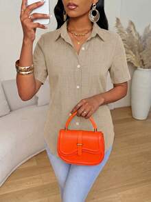 Xyvia Women's Solid Color Short Sleeve Single-Breasted Casual Shirt - Apricot - View 3