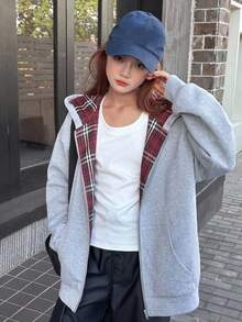 DAZY 青少年女孩秋季服飾 保暖內裡寬鬆休閒運動衫夾克 格紋拼接 寬鬆版型休閒格紋秋季休閒風 - 灰色 - 查看 4