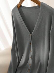 CosyJoli Plus Size Women's Solid Color V-Neck Front Button Casual Long Sleeve Basic Cardigan, For Winter Fall - Grey - View 3