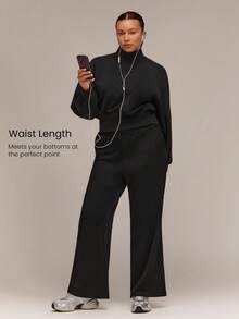 GLOWMODE Plus Size SoftCalm Modal Curved Bubble Hem Oversized Waist Length Pullover Sweatshirt With Ribbed Cuffs & High Neck Daily Casual Wear Fall - Chocolate Brown - View 3