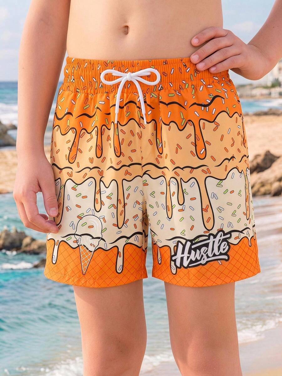SHEIN Tween Boy Ice Cream Letter Print Drawstring Waist Casual Beach Swim Shorts - Orange - View 1