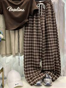 Trelyra Women's Casual Letter Print T-Shirt And Plaid Pants 2 Pieces Set, Summer - Rust Brown - View 3