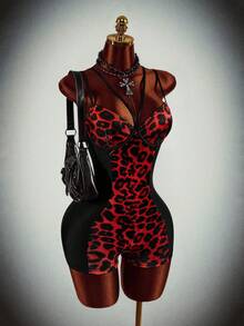 Amplova Halloween Underwire Tight-Fitting Criss-Cross Straps Black Leopard Print Sexy Y2K Polyester Shiny Satin Bodycon Jumpsuit For Women Night Club Summer - Black - View 5