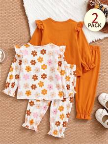 SHEIN Vintaside Kids 2套女嬰春秋套裝，純色與滿版印花圓領長袖荷葉肩設計搭配長褲，花卉滿版印花圓領長袖荷葉肩設計搭配長褲，4件套，舒適休閒可愛風 - 橘色 - 查看 2