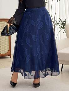 Modelyn Elegant Romantic Solid Color Chiffon Jacquard A-Line Regular Spring/Autumn Plus Size Skirt - Navy Blue - View 7