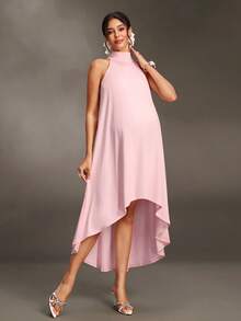 Cheriluna Maternity Elegant Solid Color Halter Neck High-Low Dress For Pregnant Women Party - Pink - View 3
