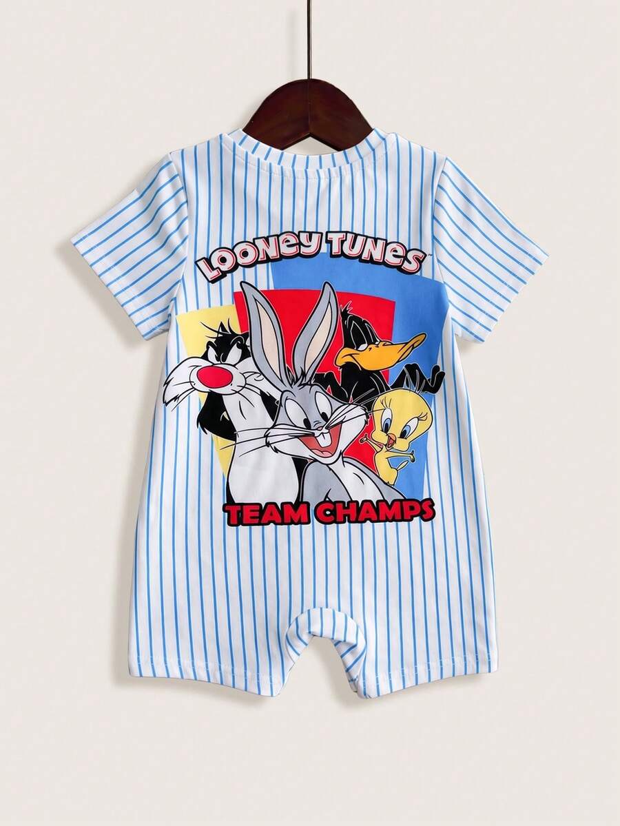 LOONEY TUNES X SHEIN Baby Boy Striped Letter Cartoon Print Casual Daily Short Sleeve Romper - Multicolor - View 1