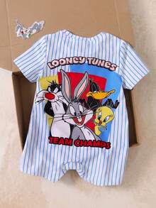 LOONEY TUNES X SHEIN Baby Boy Striped Letter Cartoon Print Casual Daily Short Sleeve Romper - Multicolor - View 3