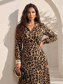 Structelle Women's Casual Elegant Long Sleeve Animal Leopard Print Pocket Button Front Collar Dress Office Work Dinner Beige Autumn - Multicolor - View 3
