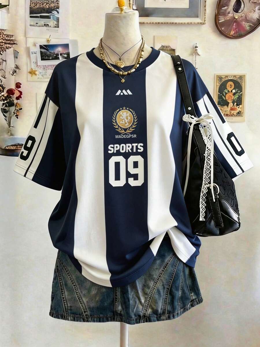 Lalippa 運動風圖案數位印花時尚極簡女款寬鬆中長版圓領落肩T恤,送給朋友的禮物 - 彩色 - 查看 1