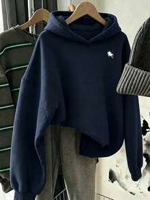 SHEIN 青少年女孩刺繡寬鬆衛衣，舒適厚實柔軟保暖連帽秋季上衣，適合返校季 - 藍色 - 查看 1