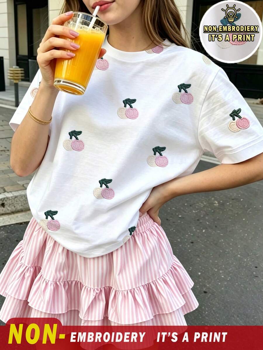 1件青少年女孩休閒舒適時尚甜美可愛仿刺繡粉色櫻桃圖案圓領短袖T恤,春夏穿搭,適合外出、度假、居家、學校、運動、休閒,清爽夏季穿著 - 彩色 - 查看 1