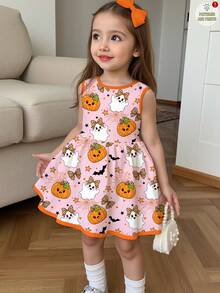 萬聖節少女休閒極簡可愛亮面紋理幽靈、南瓜、蝙蝠圖案南瓜色中長洋裝，適合夏季與秋冬疊穿，派對造型可愛風 - 彩色 - 查看 1