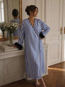 DAZY Summer & Autumn Charming Striped Plush Cuff Loose Fit Women's Robe - Blue - View 8