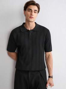 Manfinity CityGents Old Money European American Blogger Style Chic Design Mature Casual Commute Office Business Men's Plus Size Pullover Black Ribbed Knit Sweater Summer - Black - View 4