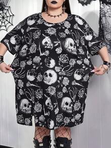 SHEIN CURVE+ 黑色哥德式骷髏花卉印花開衩下擺 2026 秋冬大尺碼 22W 女款萬聖節服裝 - 黑與白 - 查看 8