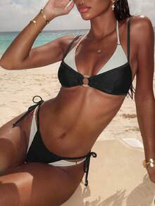 Lumalex 2pcs Solid Color Fabric Spaghetti Strap Backless 2 In 1 Design With Round Chest Accessory Fashion Sexy Beach Seaside Pool Water Sports Bikini Set - Black and White - View 6