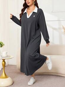 Lacomfia Plus Size Women's Colorblock Collared Long Sleeve Casual Sweatshirt Dress - Grey - View 4
