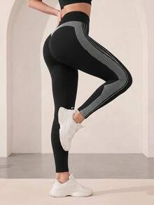 Easithlete Women's Colorblock Casual Essential Low Waist Daily Wear Sports Leggings Gym Pilates Black Summer - Black - View 2