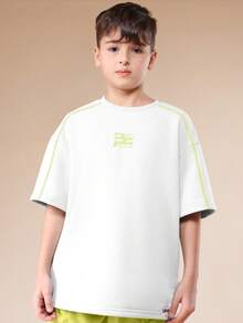 SUMWON Conjunto coordinado de verano para niños con camiseta oversize de cuello redondo y mangas cortas, y pantalones cortos con puntada de contraste - Amarillo - Ver 3