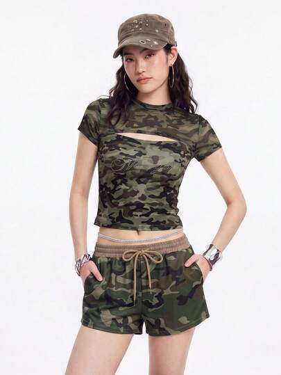 Bloopia Women's Streetwear Hip-Hop Camouflage Print Drawstring Waist Pocket Shorts