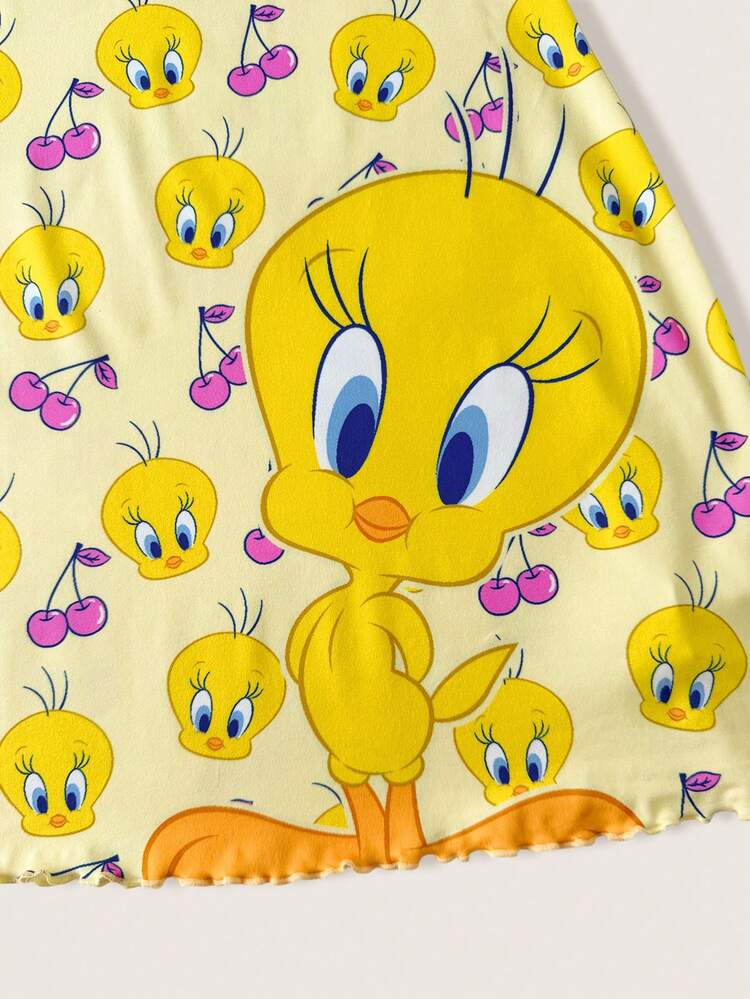 LOONEY TUNES X SHEIN Women's Cartoon Print Patchwork Casual Daily Home Camisole Nightgown - Yellow - View 5