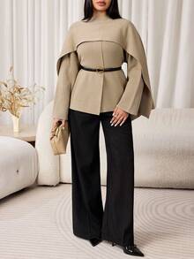 Veilorie Women's Solid Color Asymmetrical Shawl And Sweater Elegant Set - Khaki - View 6