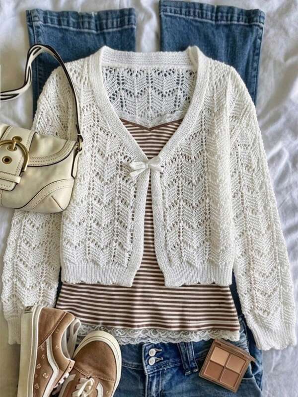 Tween Girl Hollow Knit Cardigan, Suitable For Home, Casual Outings, Beach Vacation, Parties And More, Comfortable Versatile Soft