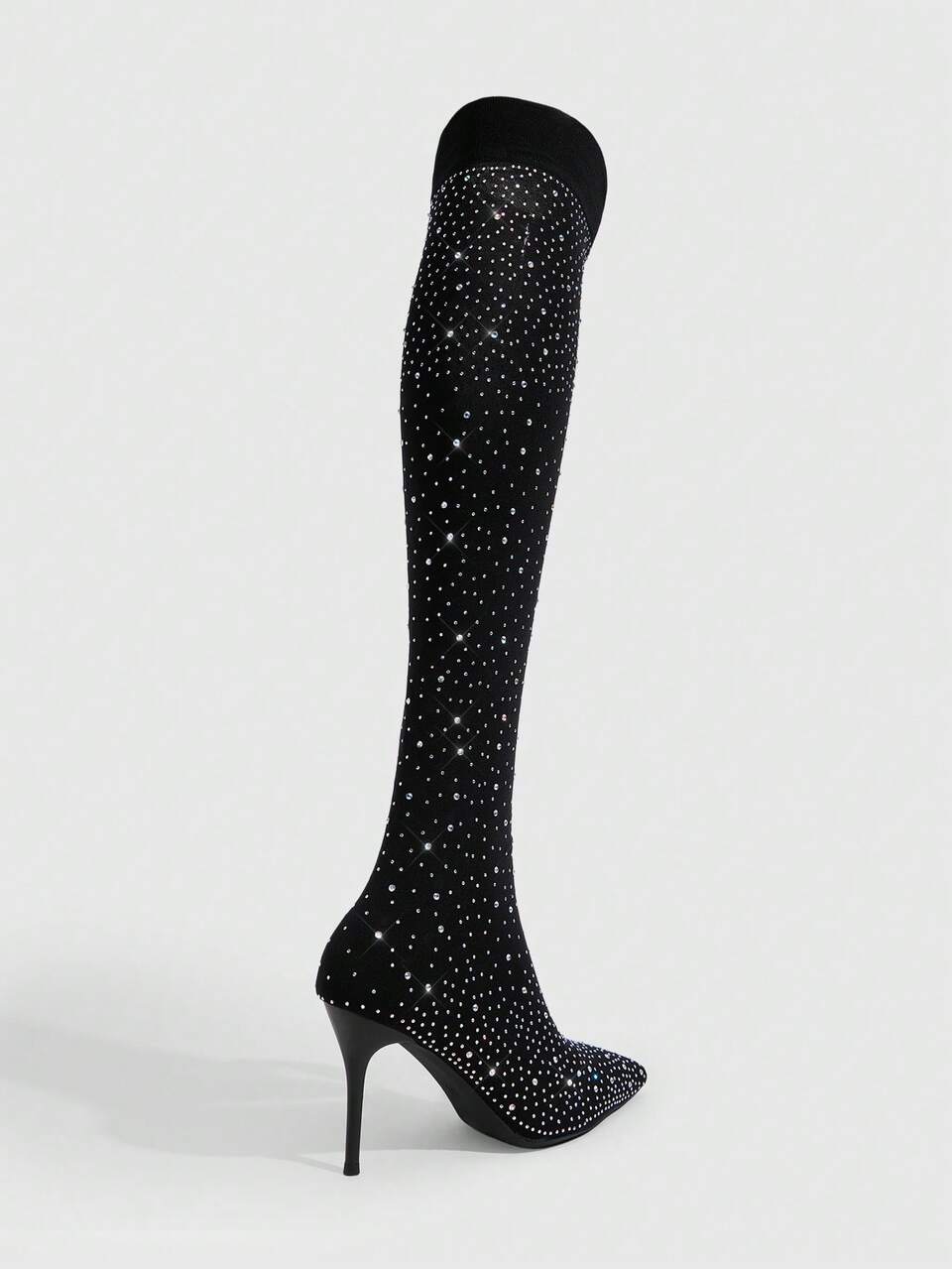 CUCCOO SZL Women's Pointed-Toed Stiletto Slip-On Black Rhinestone Elastic Tights Boots Knee Boots Long Boots Sexy Gorgeous Fashion Avant-Garde Nightclub Street Fall Shoes
