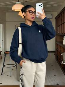 SHEIN 青少年女孩刺繡寬鬆衛衣，舒適厚實柔軟保暖連帽秋季上衣，適合返校季 - 藍色 - 查看 6