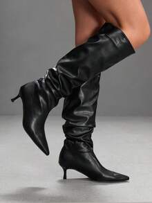 CUCCOO SZL Stivali da donna con punta nera in pelle morbida con tacco kitten e stivali da donna al ginocchio eleganti semplici da pendolare sexy per occasioni di festa & Natale autunno inverno stivali alti da donna - Pelle nera morbida - Visualizzare 7