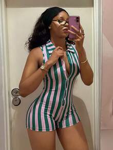 StreetHx Women's Green And Pink Collared Jumpsuit Club Night Summer Sexy - Multicolor - View 3