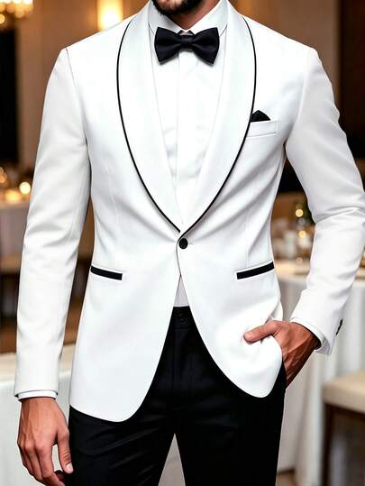 Manfinity Mode Men's White Slim Fit Black Trim Shawl Collar Suit Jacket And Trousers Set