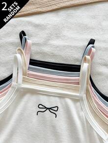 SHEIN Vintaside Kids (隨機2套) 少女四季款吊帶背心與短褲套裝，刺繡蝴蝶結，多色吊帶背心與短款內褲套裝 - 彩色 - 查看 8