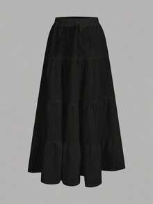 SHEIN EZwear 黑色純色音樂節度假風大尺碼女款休閒度假多層蛋糕裙，適合秋冬 - 黑色 - 查看 2