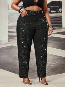 Slaydiva Celana Jeans Hitam Non-Stretch Berhiaskan Rhinestone untuk Wanita Ukuran Plus (Model Cowgirl) - Hitam - View 5