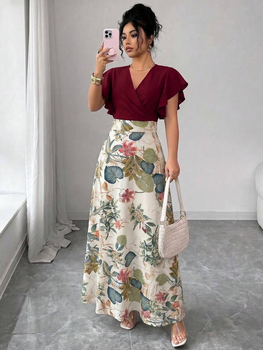 Elenzga Women's Spring/Summer Exquisite Elegant Tropical Commuter Burgundy Pleated Flutter Sleeve Fitted Slim Fit Flared Long Dress Vacation - Burgundy - View 1