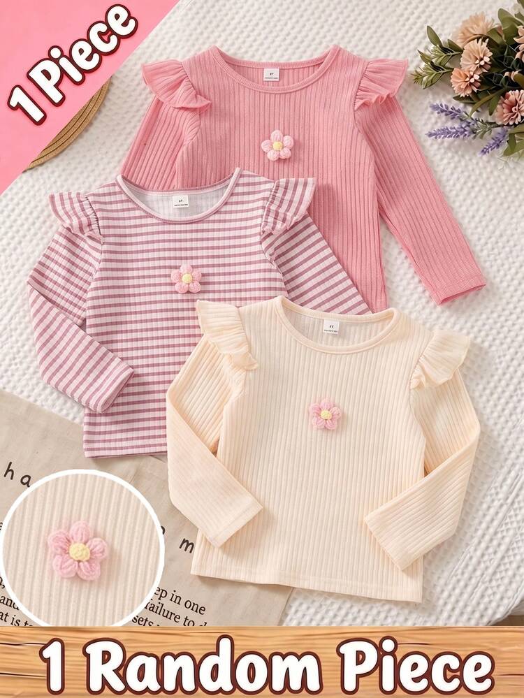 Randomly Ships 1 Of 3 Girls' Striped 3D Floral Pattern Casual Versatile Flutter Sleeve Round Neck Long Sleeve T-Shirt, Suitable For Daily Wear, Comfortable And Relaxed - Multicolor - View 3