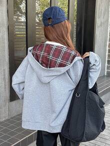 DAZY 青少年女孩秋季服飾 保暖內裡寬鬆休閒運動衫夾克 格紋拼接 寬鬆版型休閒格紋秋季休閒風 - 灰色 - 查看 9