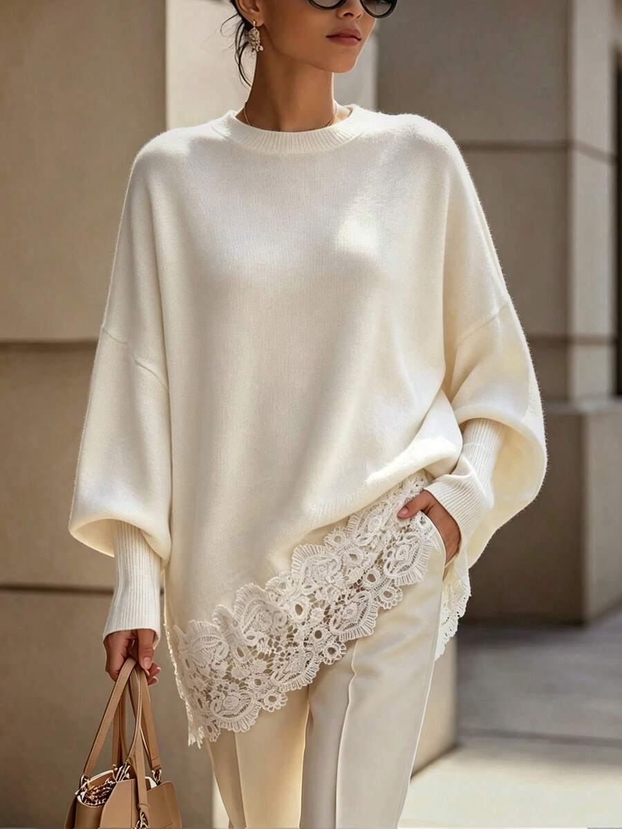 RosyDaze Women's Festival Outfits Spring, Summer, Autumn, And Winter Lace Patchwork Casual Daily Long Sleeve Sweater