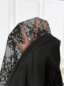 SHEIN CURVE+ 大尺碼簡約休閒商務通勤優雅正式晚宴蕾絲拼接深V領長袖2026夏季22W黑色 - 黑色 - 查看 9
