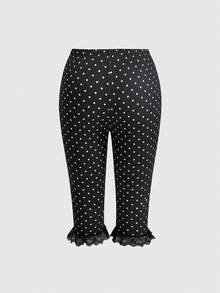 ROMWE Kawaii Vintage Plus Size Women's Polka Dot Tie-Up Flare Pants With Lace Ruffle Design, Street Sweet Cool Style - Black - View 2