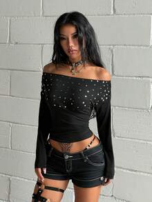 StreetHx Women's Fashion Studded Off-Shoulder T-Shirt - Black - View 6